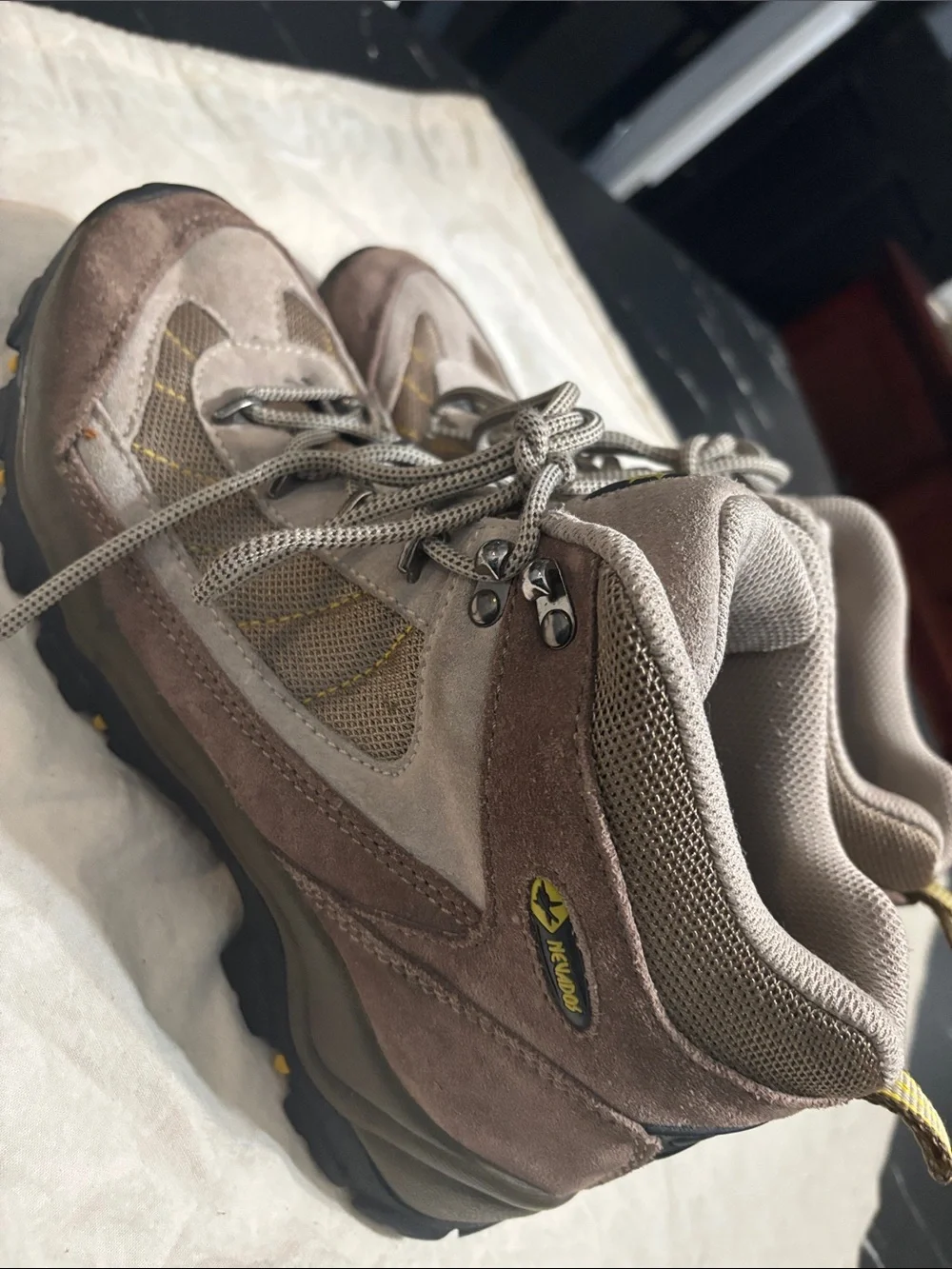 Men's Taupe Suede Hiking Boots with Yellow Trim